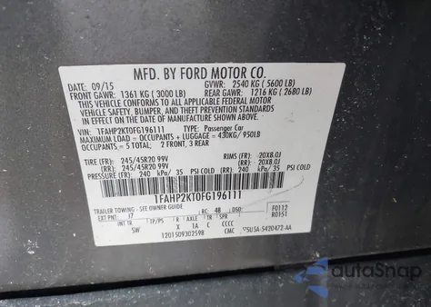 2015 Ford Taurus Sho z USA, uszkodzony, nr VIN 1FAHP2KT0FG196111